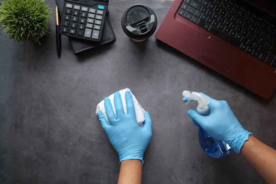 A person disinfects a desk