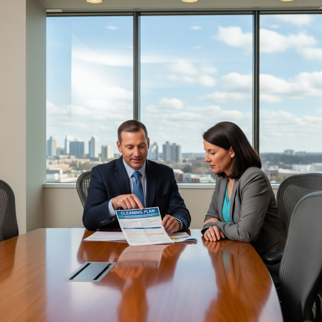 Columbia MD business owner consulting with office cleaning services professionals about customized solutions