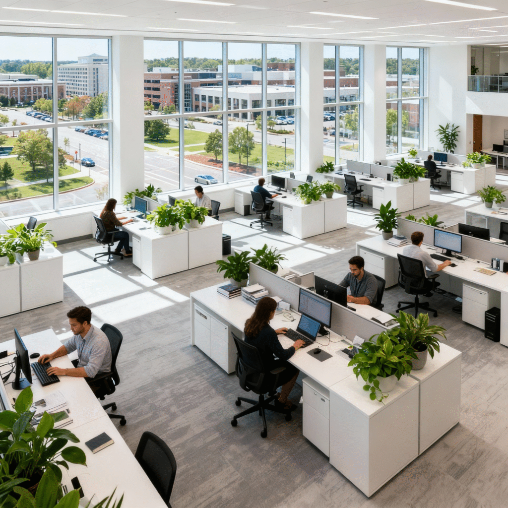 Productive employees in clean Columbia MD office environment maintained by professional cleaning services
