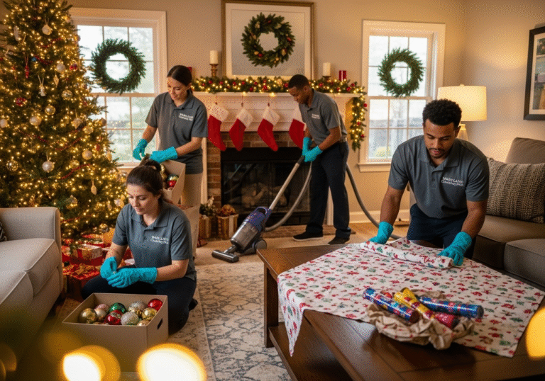 Seasonal party cleanup showing after party cleaning services Maryland handling holiday decorations