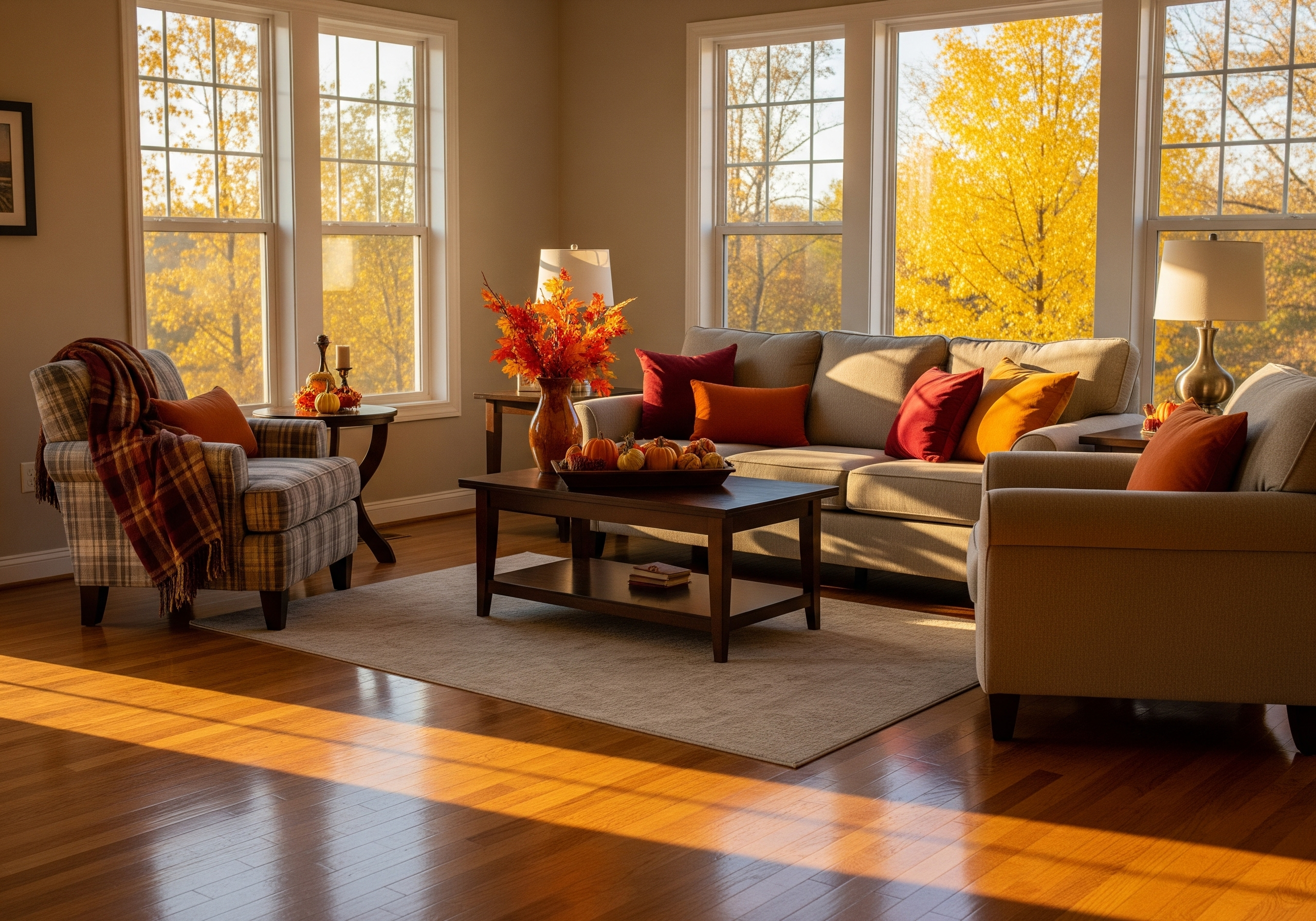 Cozy Maryland living room after professional deep cleaning ready for fall season