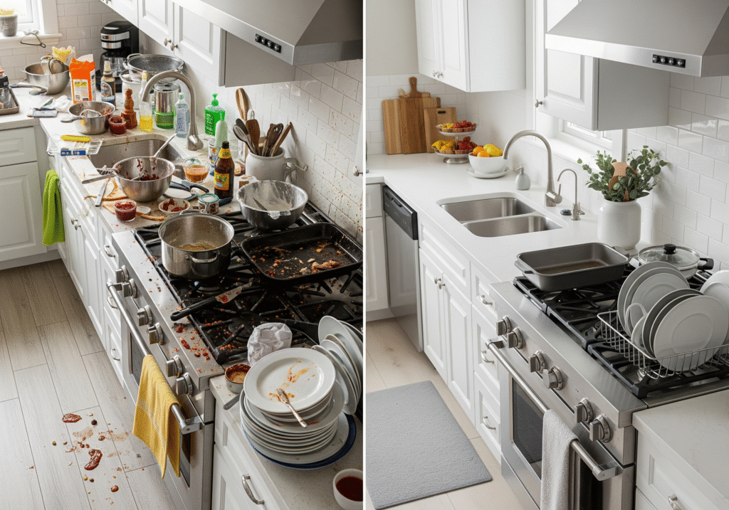 Split-screen realistic image showing dramatic before and after results of Thanksgiving cleaning services Columbia MD, left side showing messy post-cooking kitchen, right side showing pristine cleaned kitchen ready for holiday meal preparation, same angle and lighting