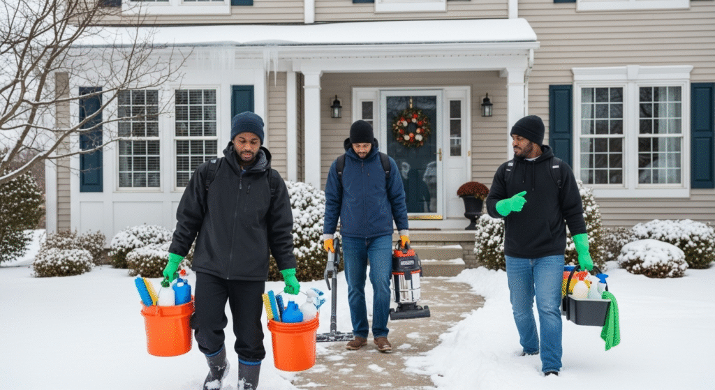 Professional cleaning team in winter gear arriving at a suburban Laurel MD home, carrying cleaning supplies and equipment, snow visible on ground, realistic photography style, natural lighting, high resolution