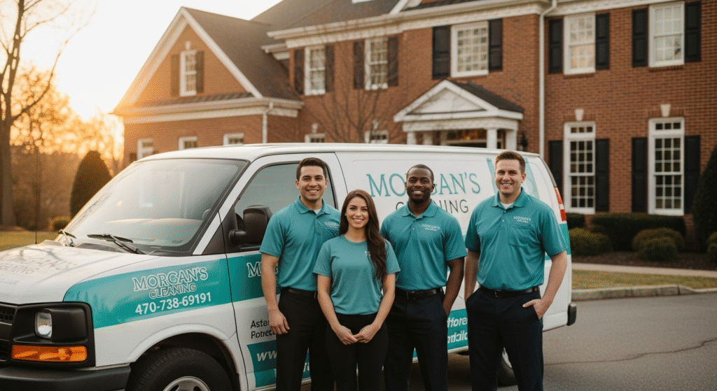 Holiday Party Cleanup Ellicott City - 30% Off Premium Morgan's Cleaning team of 4 professionals in matching uniforms standing proudly next to their branded service van parked in front of a beautiful Ellicott City colonial-style home, golden hour lighting, professional corporate photography style