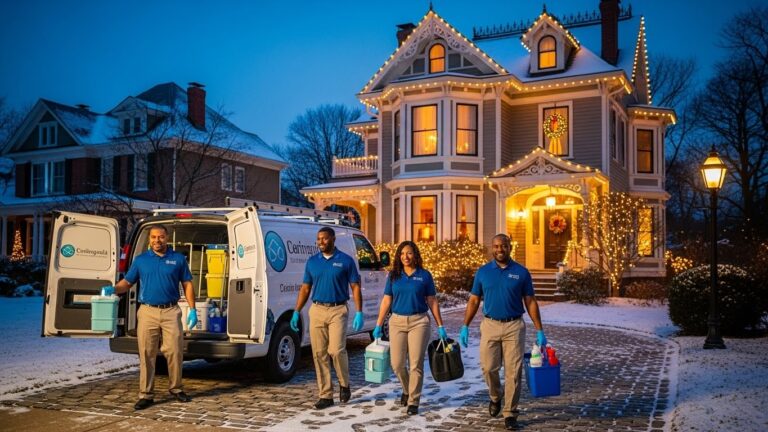 Professional cleaning team in branded uniforms arriving at elegant Ellicott City home after holiday party, cleaning van in driveway, winter evening lighting, realistic residential setting with holiday decorations visible
