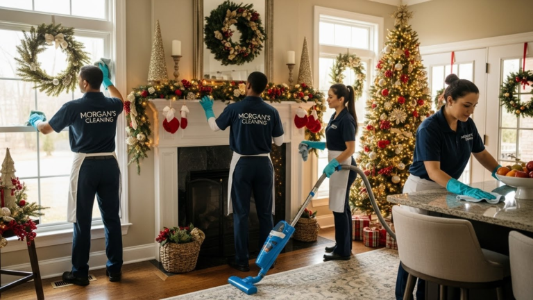 Morgan's Cleaning team of 4 professionals in matching branded uniforms working together in different areas of a beautifully decorated Columbia MD home during holiday season, coordinated team effort, warm afternoon lighting, professional corporate photography style