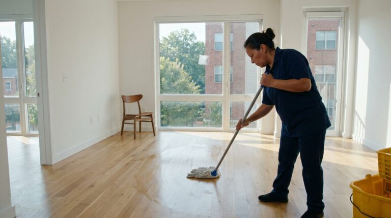 One-time professional cleaning service technician mopping floors in a modern apartment in Maryland after a tenant move-out