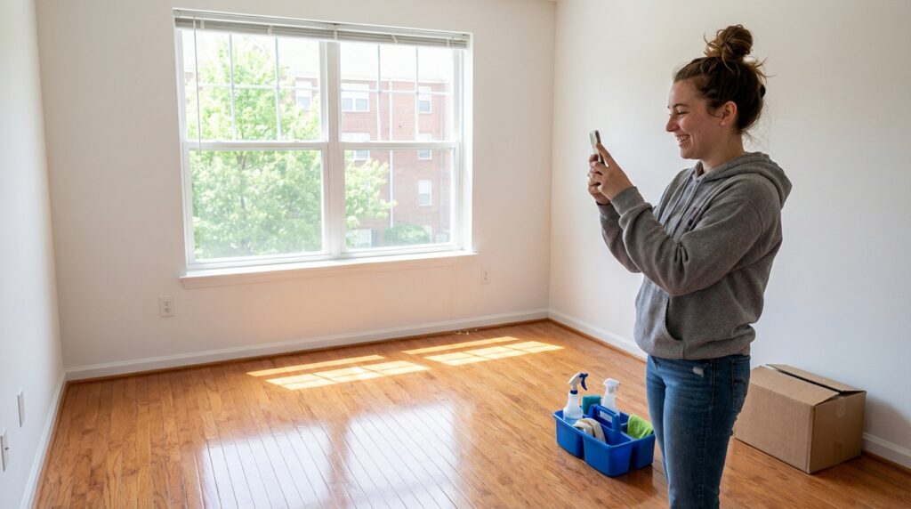 A young woman in casual moving clothes holding a s c7e8c5ec80