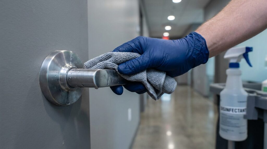 An extreme closeup of a gloved hand using a microf 12fd2e049c
