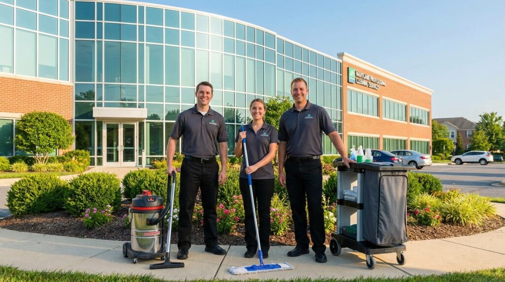 Morgan's Cleaning team members in uniform ready to provide professional office cleaning services in Maryland
