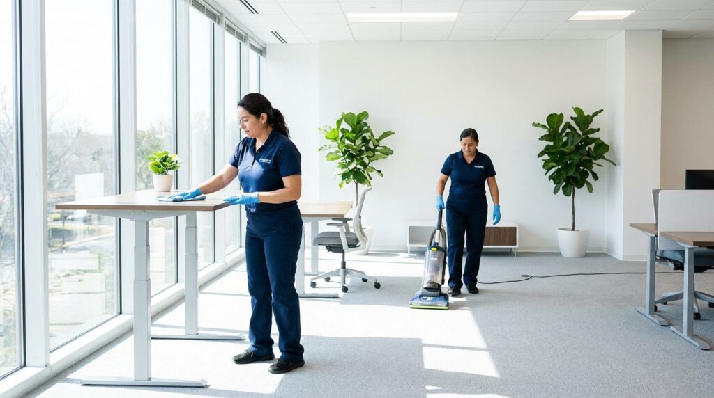 Professional office cleaning services team sanitizing a modern open-plan workspace in Maryland
