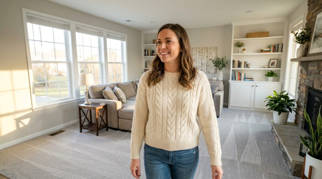 Smiling woman in living room 69c2fefd73