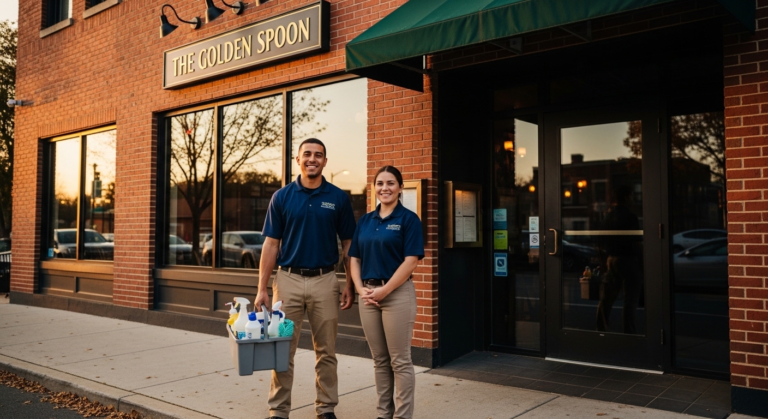 Equipe da Morgan's Cleaning em uniforme posando em frente a um restaurante limpo em Maryland | Alt text: "restaurant cleaning services Maryland — Morgan's Cleaning team outside Maryland restaurant