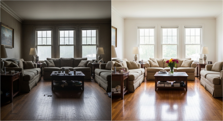 Before and after results of a one-time cleaning service showing transformed living room in Maryland home"