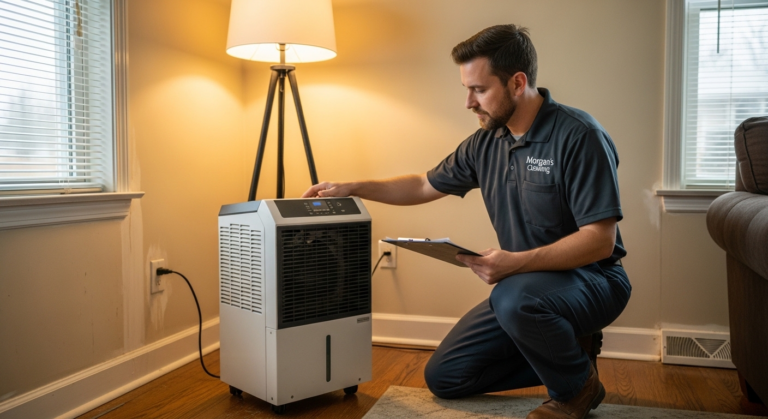 "emergency water cleanup Laurel MD — Morgan's Cleaning technician setting up drying equipment