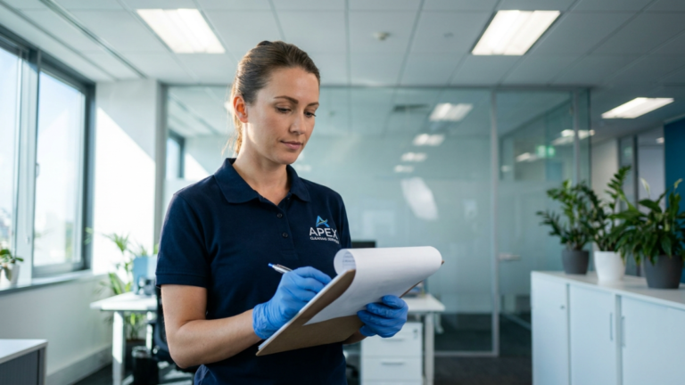Professional office cleaning company Maryland β technician reviewing checklist