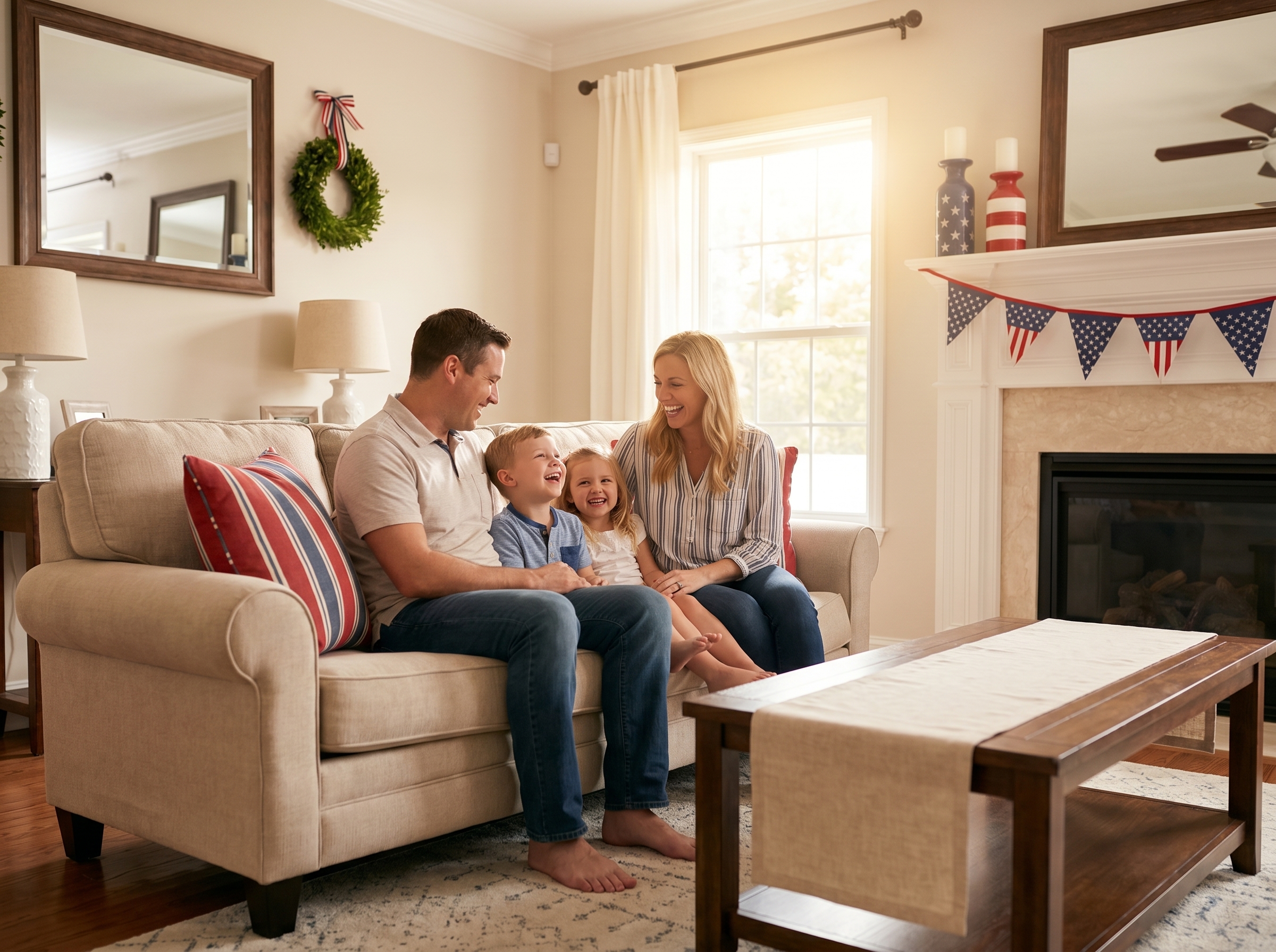 Happy family celebrating 4th of July in a clean home