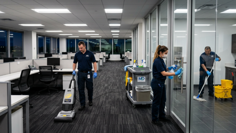 office cleaning company Maryland crew working in empty office after business hours vacuuming and sanitizing