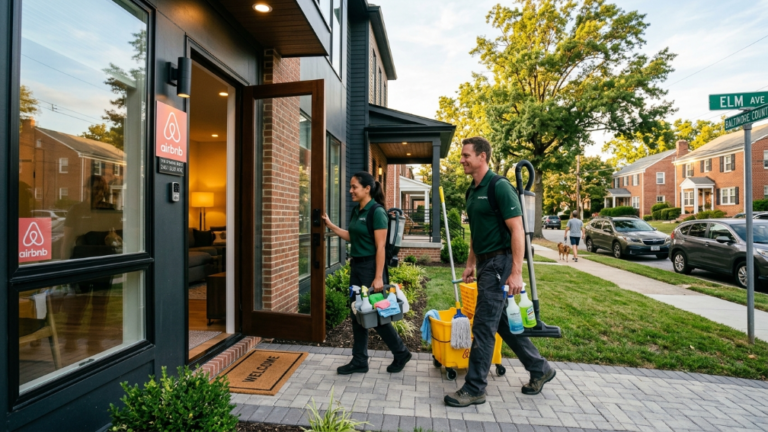 reliable Airbnb cleaner Baltimore area Maryland professional cleaning team arriving at property