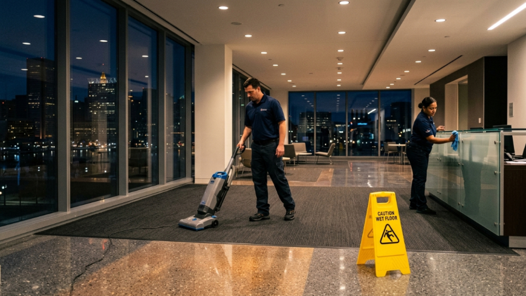Janitorial services Maryland pricing guide illustrated by a commercial cleaning crew working in a Baltimore office lobby at night