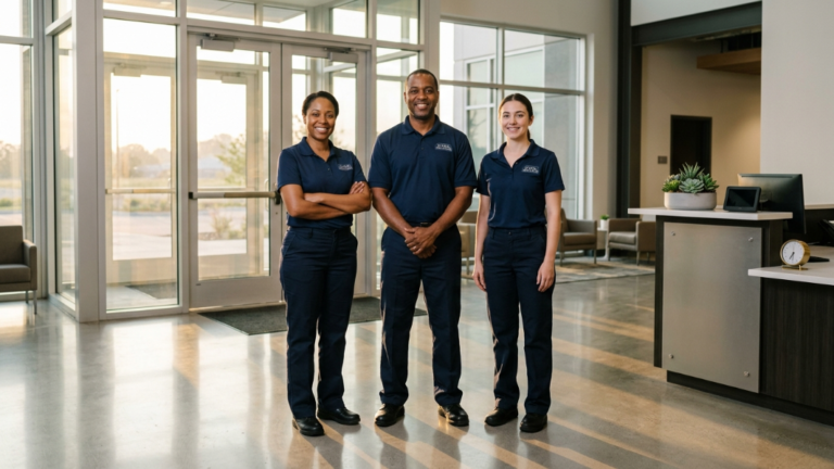 Morgan's Cleaning janitorial team standing in a freshly cleaned Maryland office lobby in the early morning