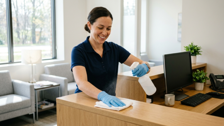 Smiling Morgan's Cleaning team member disinfecting a reception desk in an Owings Mills Maryland business