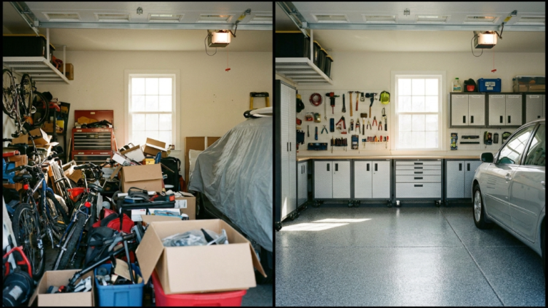 Before and after photo of a Maryland garage transformation showing organized storage