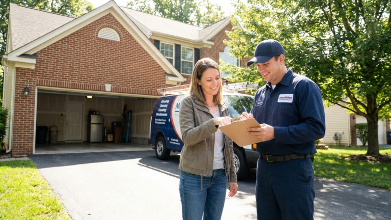homeowner and technician reviewing a Maryland garage cleaning checklist