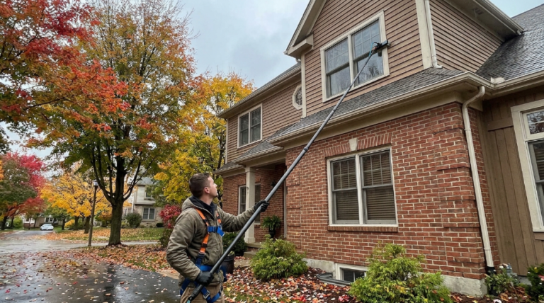 Extension pole window cleaning on a two-story Maryland home in fall