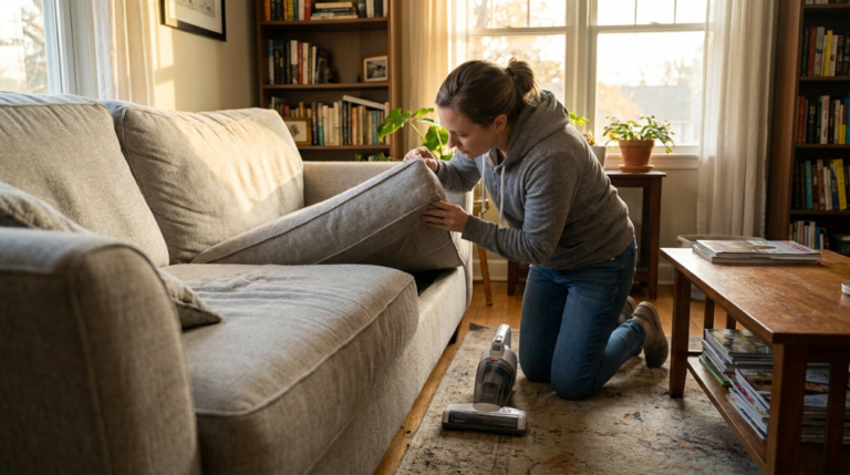 Living room sofa being prepared for upholstery cleaning Maryland homeowners schedule before holiday guests